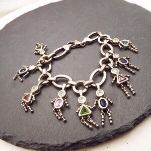 ITALIAN STERLING AUTHENTIC BABY BOY & GIRL "BRAT" GEMSTONE 9 CHARMS BRACELET B1